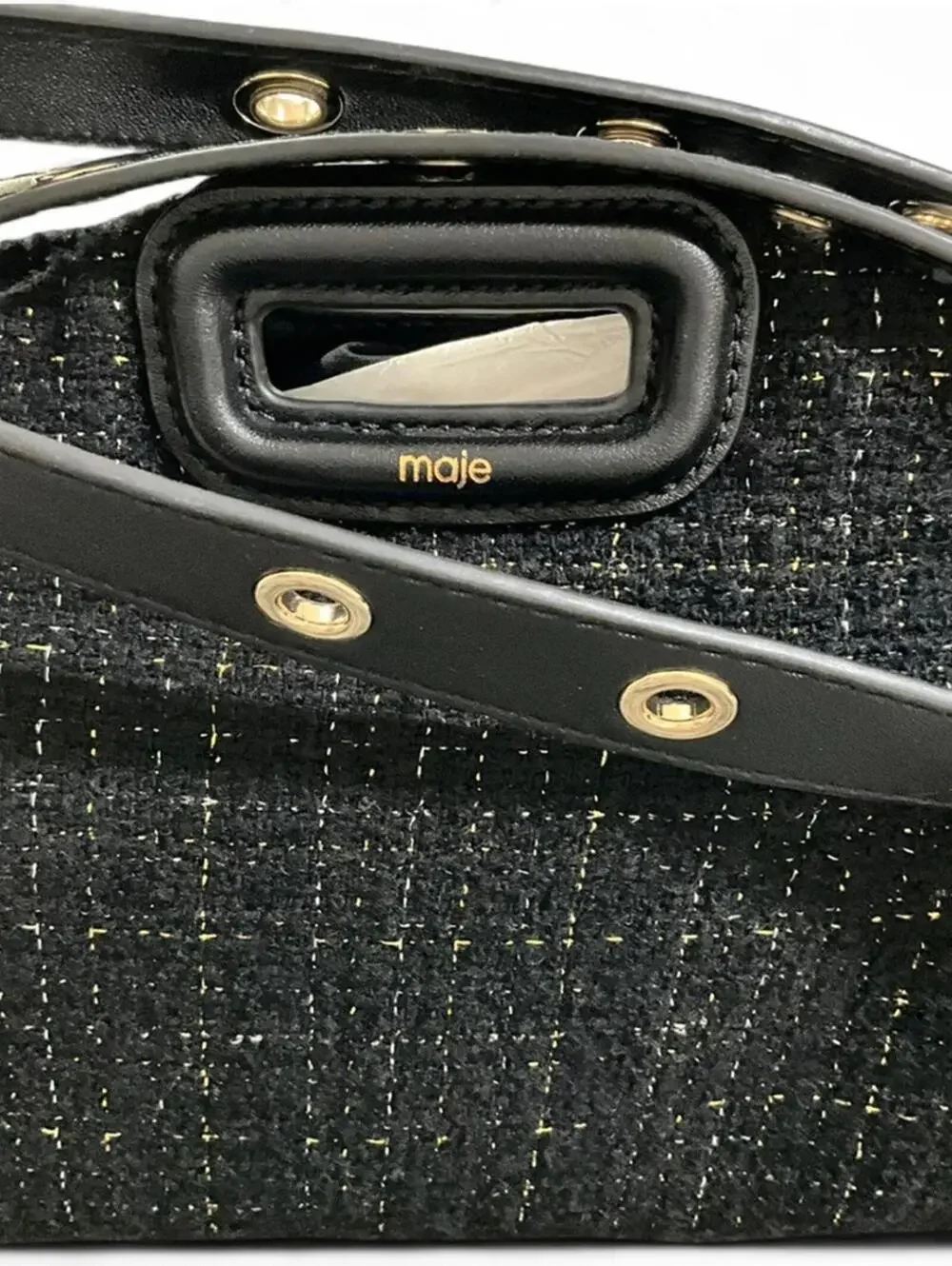 NWT MAJE Black Gold Metallic Tweed Crossbody Shoulder Bag Purse Leather Tassel - Picture 6 of 10